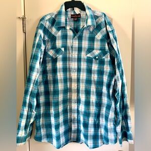 Pintlar 3XLT plus tall long sleeve blue and black button down with snaps